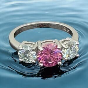 2ctw Pink White Moissanite 3 Stone Ring 925 Sterling Silver Sz 6 Wedding Band
